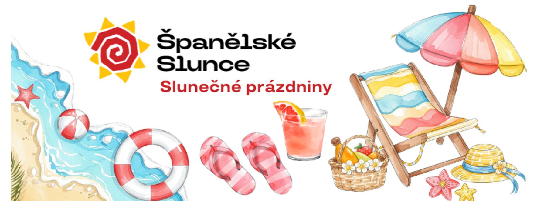 Na obrázku logo letní učebny španělštiny plné hravosti. Slunečné prázdniny, klubovna plná kvalitních minilekcí a mnoho her na procvičování