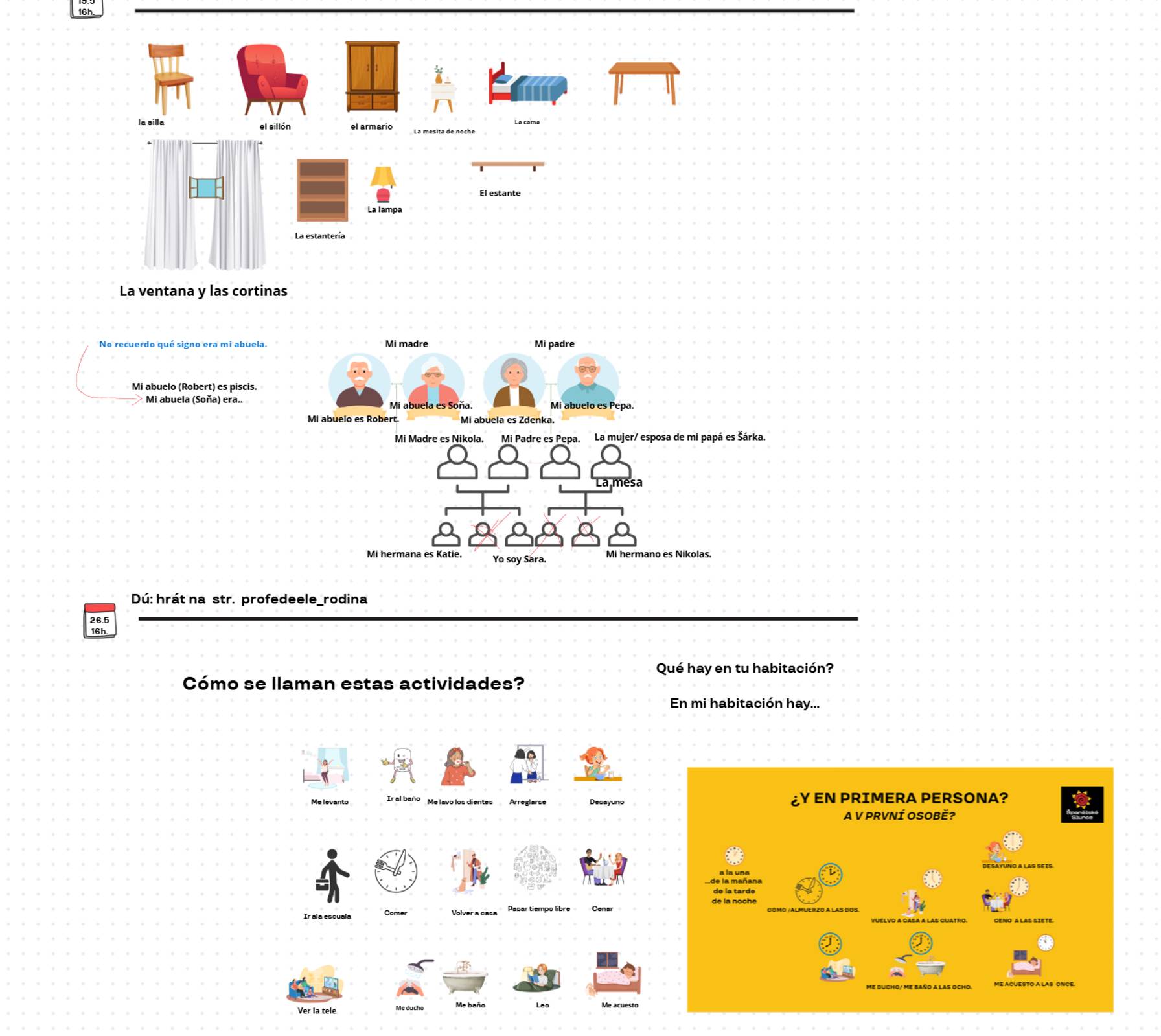 Záběr z jedné  z našich interaktivních tabulí, na které jsou texty, obrázky, schémata. Studenti si v ní učivo sami mohou přemisťovat, využívat barev a prvků všeho druhu pro lepší zapamatování a spojení s vjemy. Proklik do vložených prezentací umožňuje aktivaci vizuálně-prostorové inteligence.